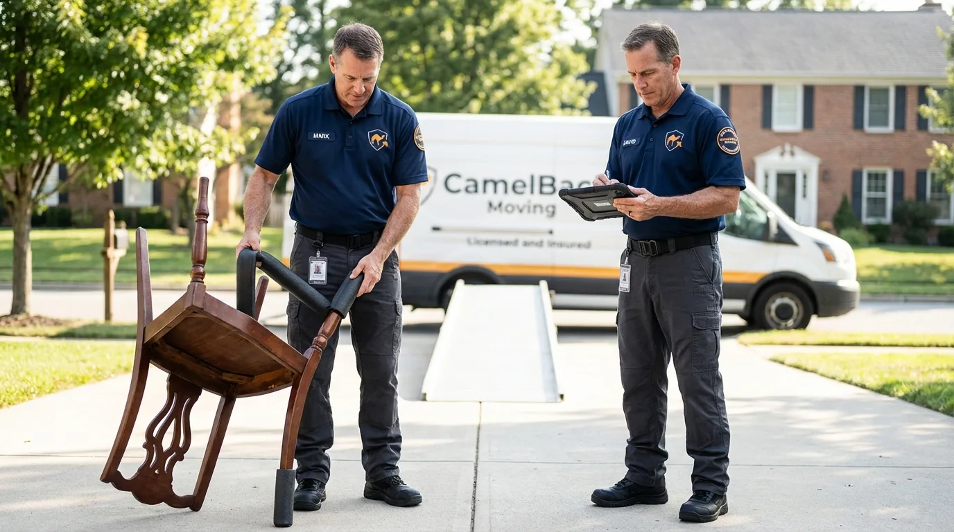 Movers inspecting furniture for damage prevention before loading in Wyncote, PA